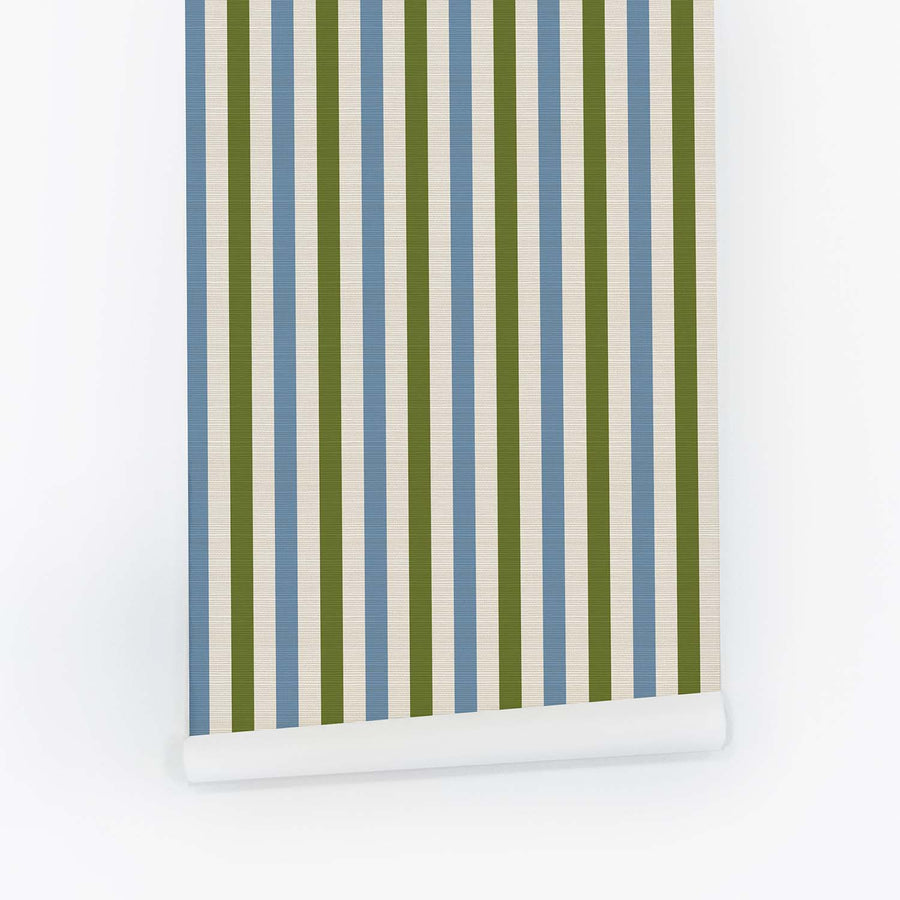 Green And Blue Stripes Grasscloth Wallpaper