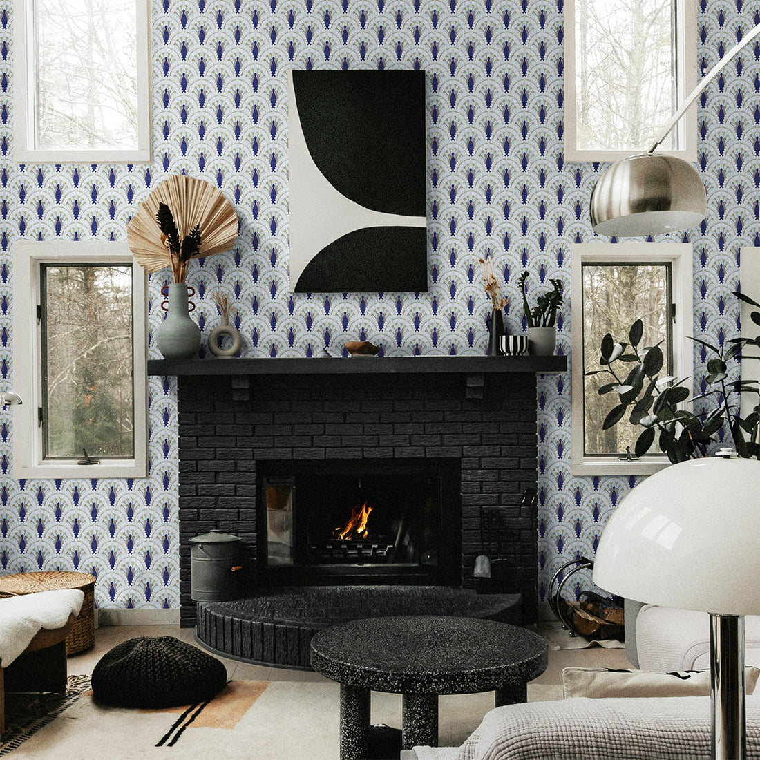 Art Deco Floral Wallpaper In Blue