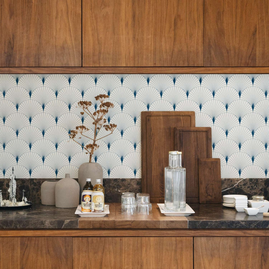 designer kitchen backsplash in light blue detailing
