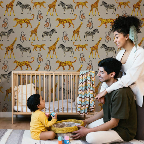 Carta da parati con stampa di animali della savana disegnati a mano