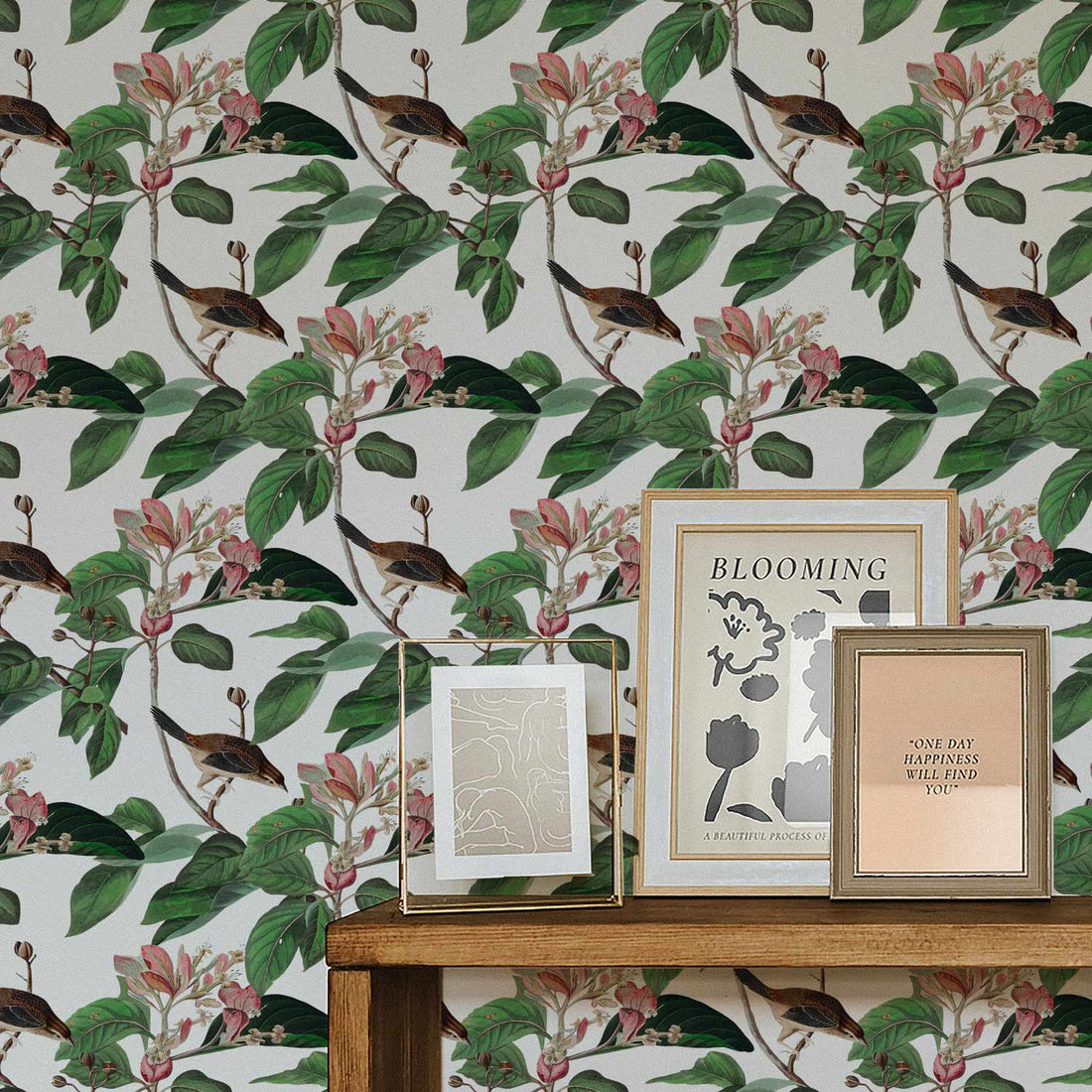 Botanical garden removable wallpaper with birds and flowers