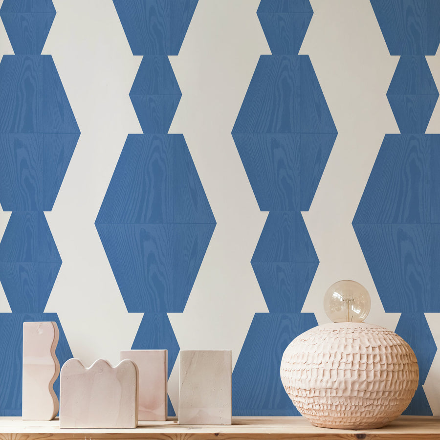 Modern geometric wood blocks design removable wallpaper in coastal interior