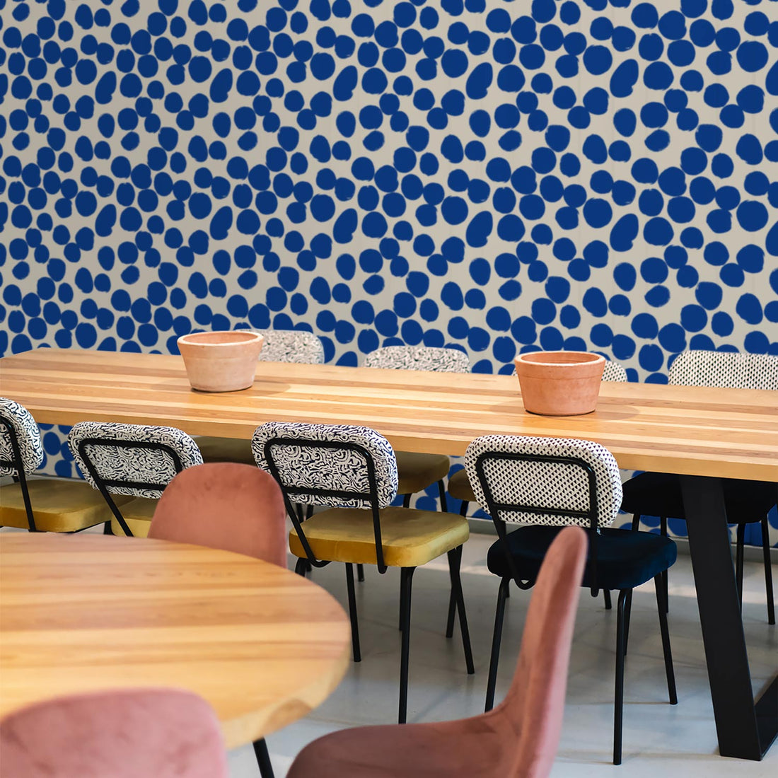 bright blue dotted wallpaper for dining room interior