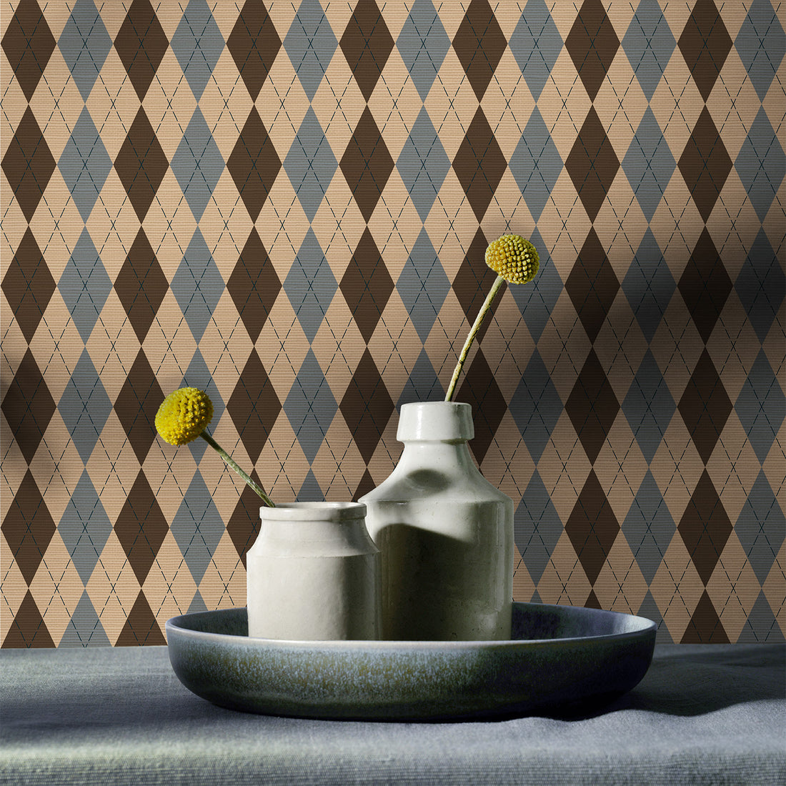 Brown Argyle Grasscloth Wallpaper
