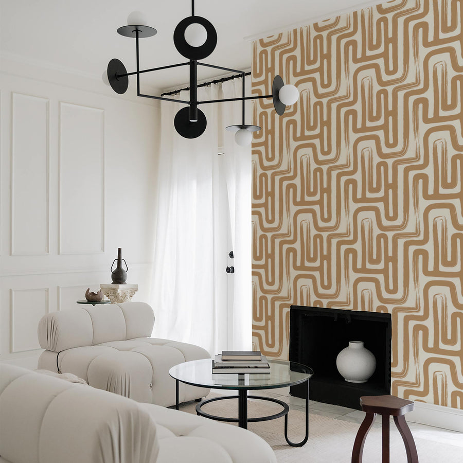 brown painted lines inspired wallpaper in elegant living room interior