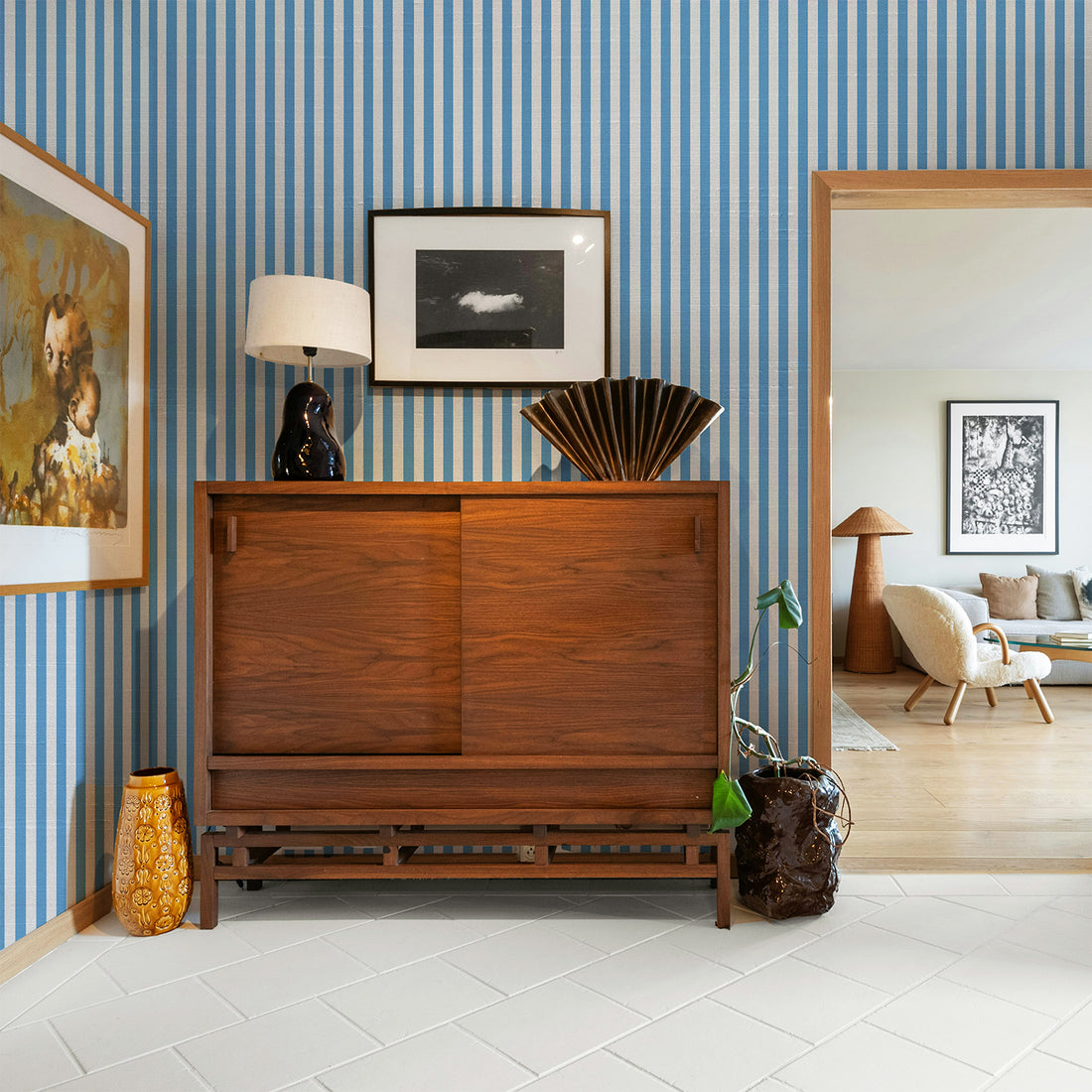 Classic Pearl Blue Stripes Silk Wallpaper