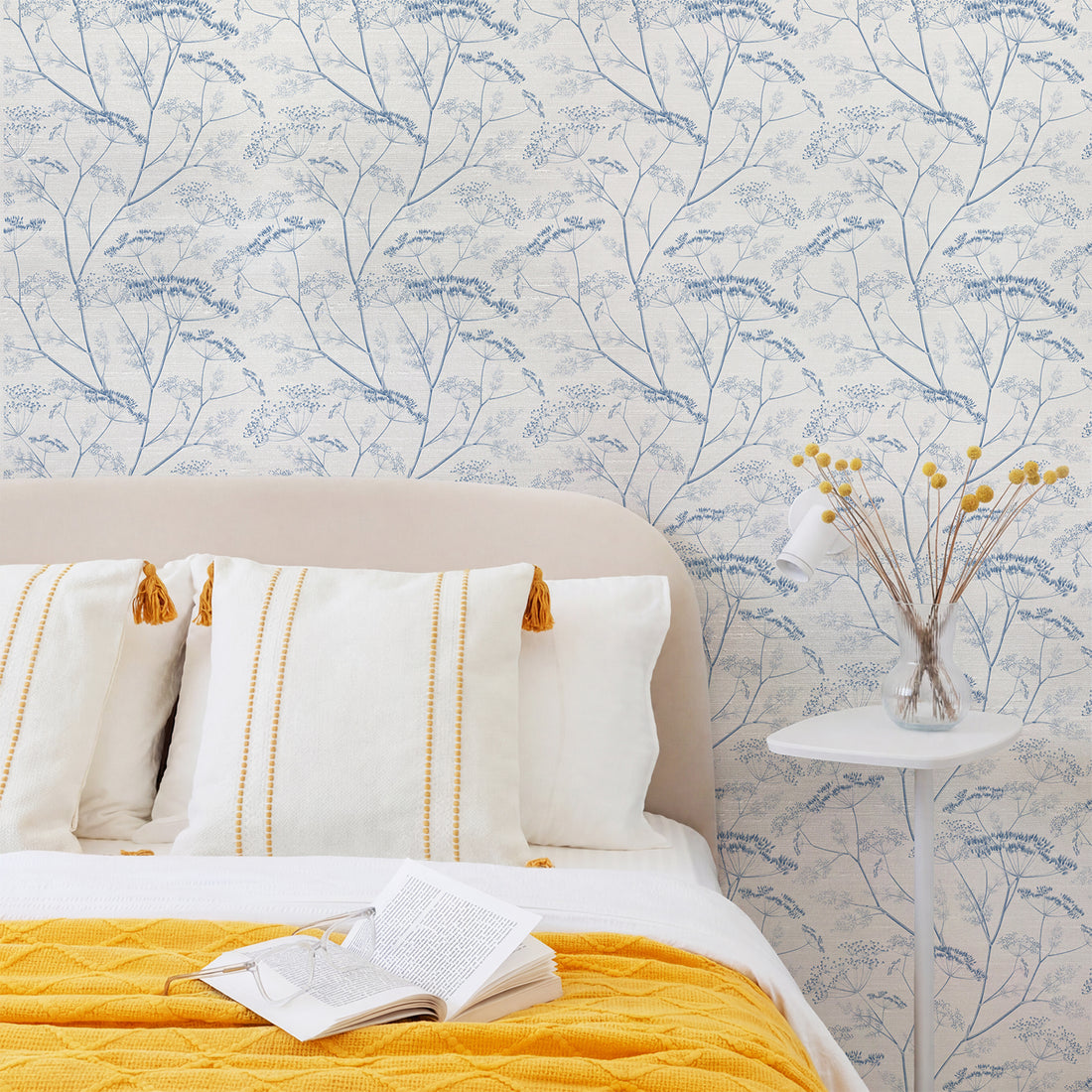 Denim Blue Botanical Wildflower Silk Wallpaper