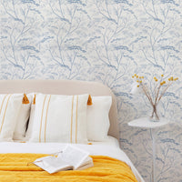 Denim Blue Botanical Wildflower Silk Wallpaper