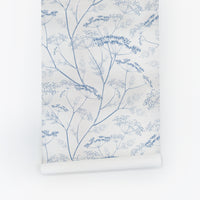 Denim Blue Botanical Wildflower Silk Wallpaper