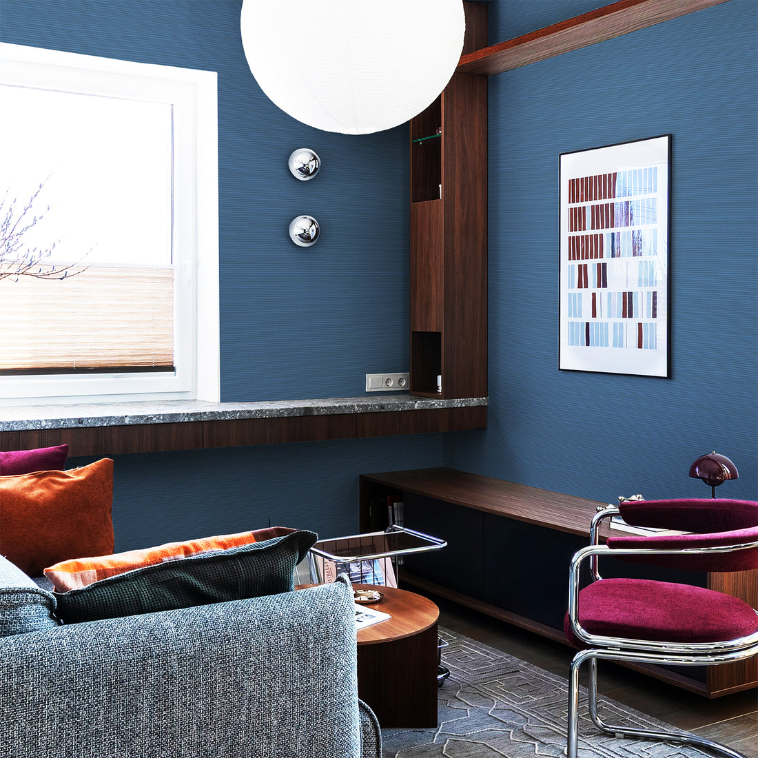 Denim Blue Grasscloth Wallpaper