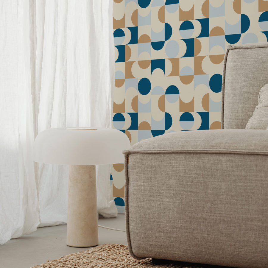 retro blue geometric shapes wallpaper for living room