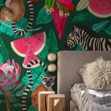 elegant bedroom interior with tropical safari tribal wallpaper