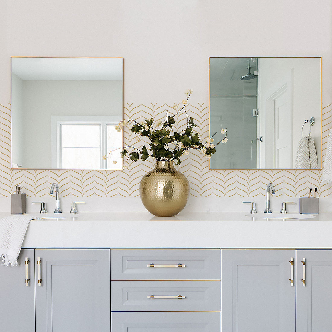 bathroom vanity backsplash in faux gold chevron pattern