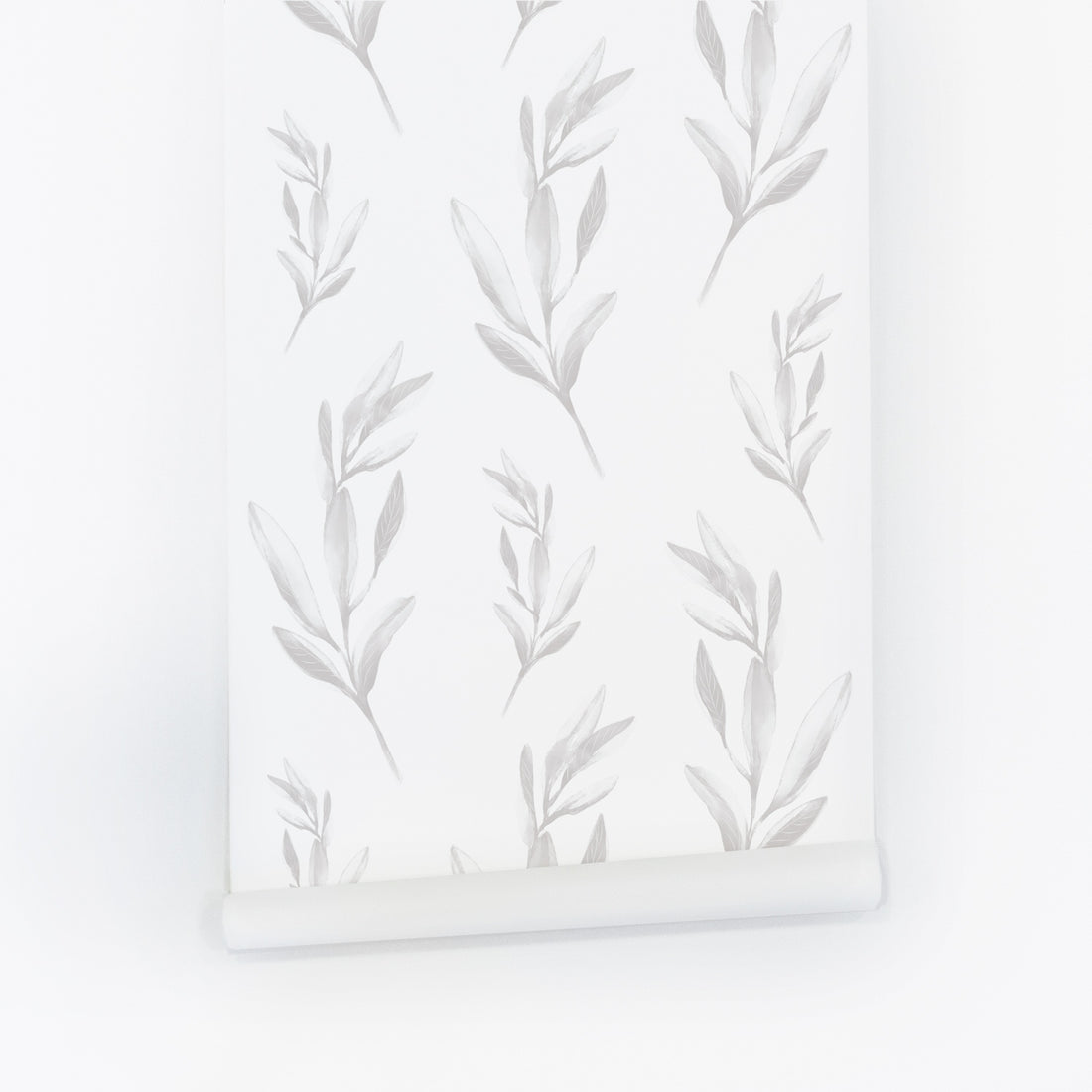 white and grey removable wallpaper with botanical leaves motif