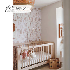 White nursery wallpaper with clay-colored fern leaf botanical pattern