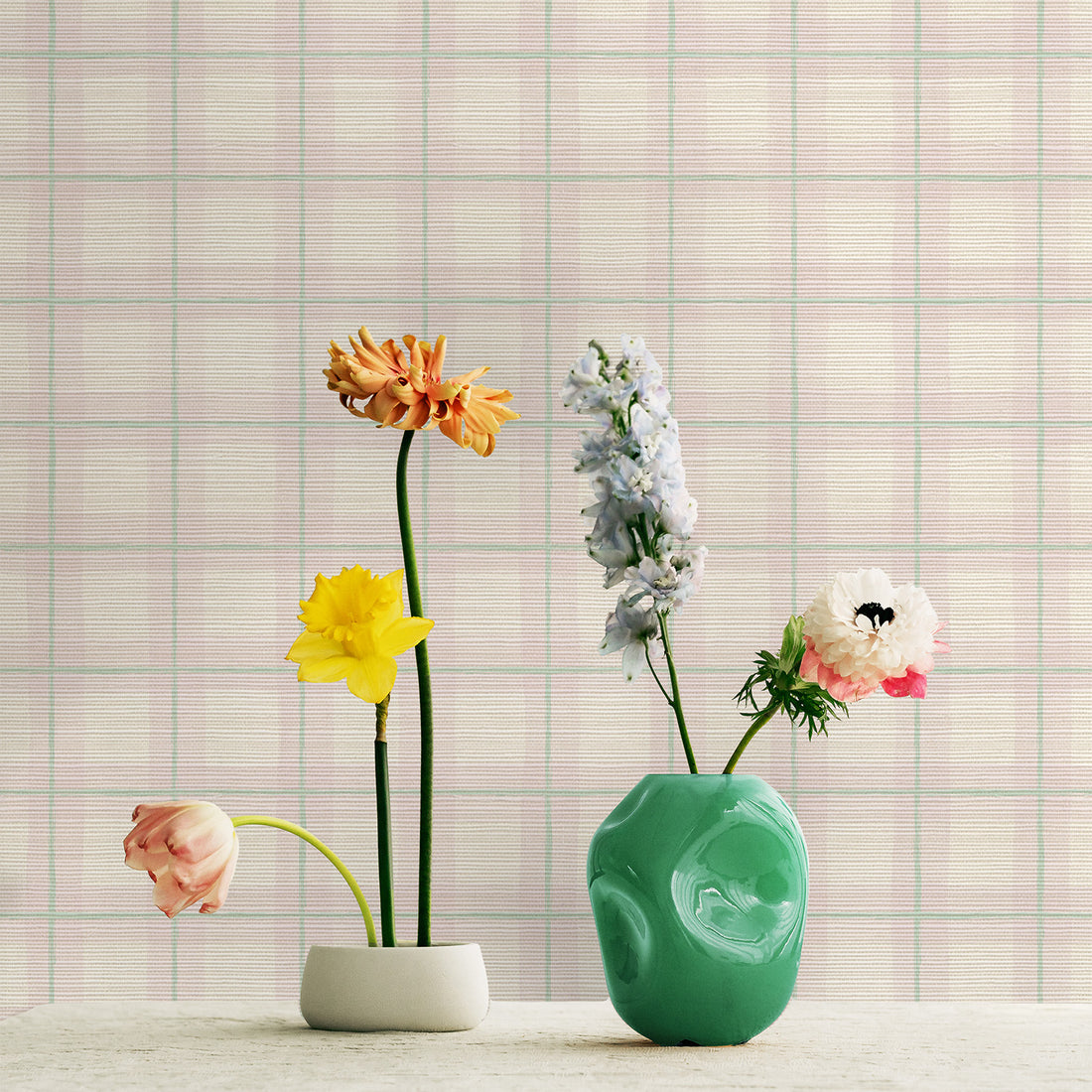 Gingham Plaid Grasscloth Wallpaper In Pink