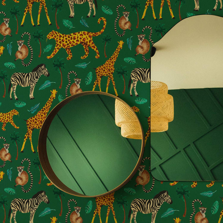 green jungle print wallpaper with african decor