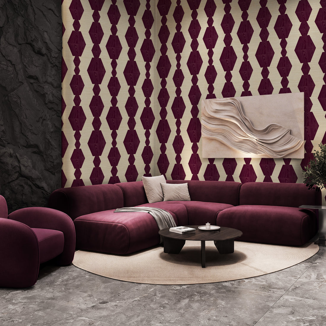 Infinity Wood Block Grasscloth Wallpaper in Plum