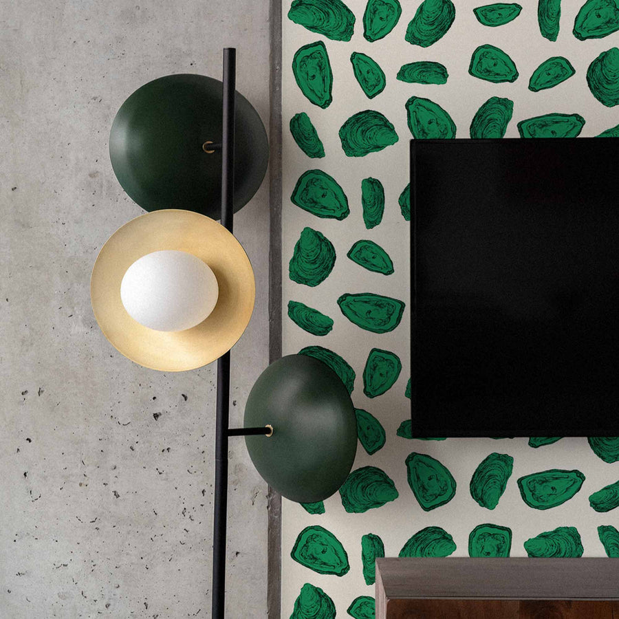 modern oyster print wallpaper in bright green for chic living room interiors