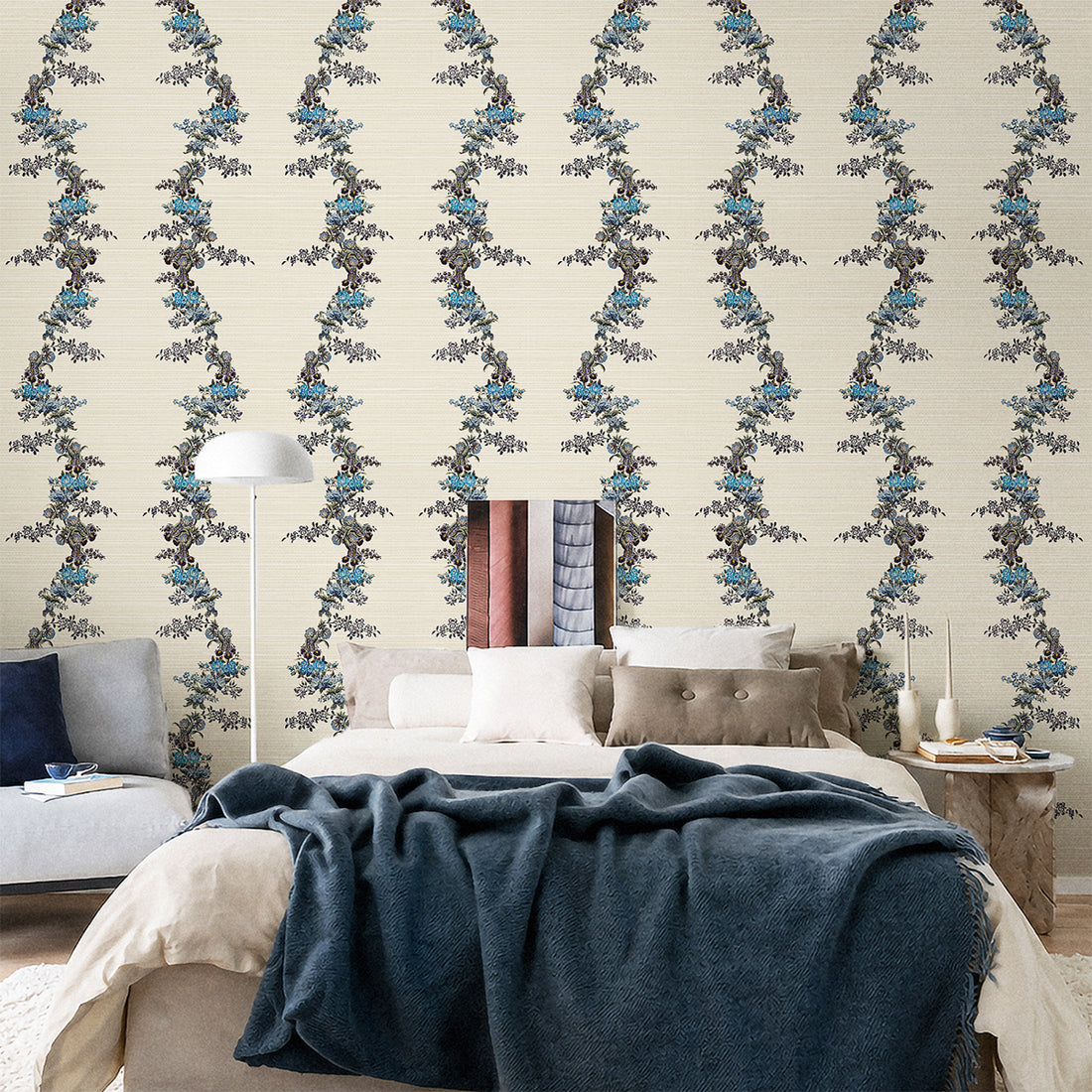 Large Vintage Blue Floral Garland Grasscloth Wallpaper