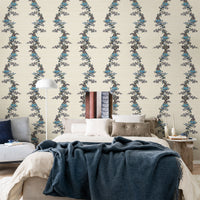 Large Vintage Blue Floral Garland Grasscloth Wallpaper