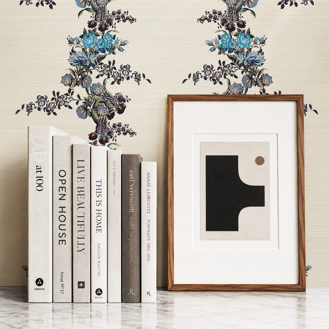 Large Vintage Blue Floral Garland Grasscloth Wallpaper
