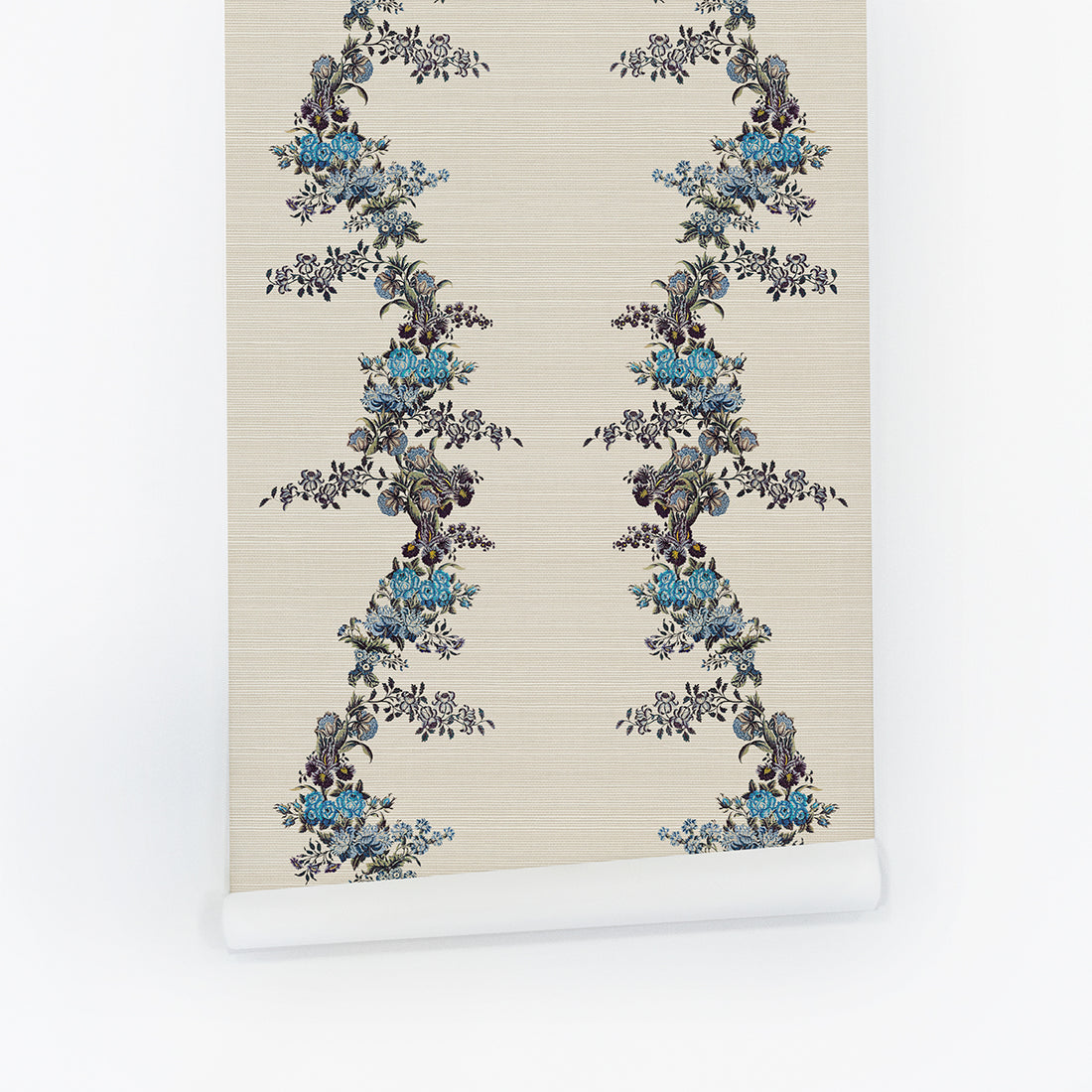 Large Vintage Blue Floral Garland Grasscloth Wallpaper