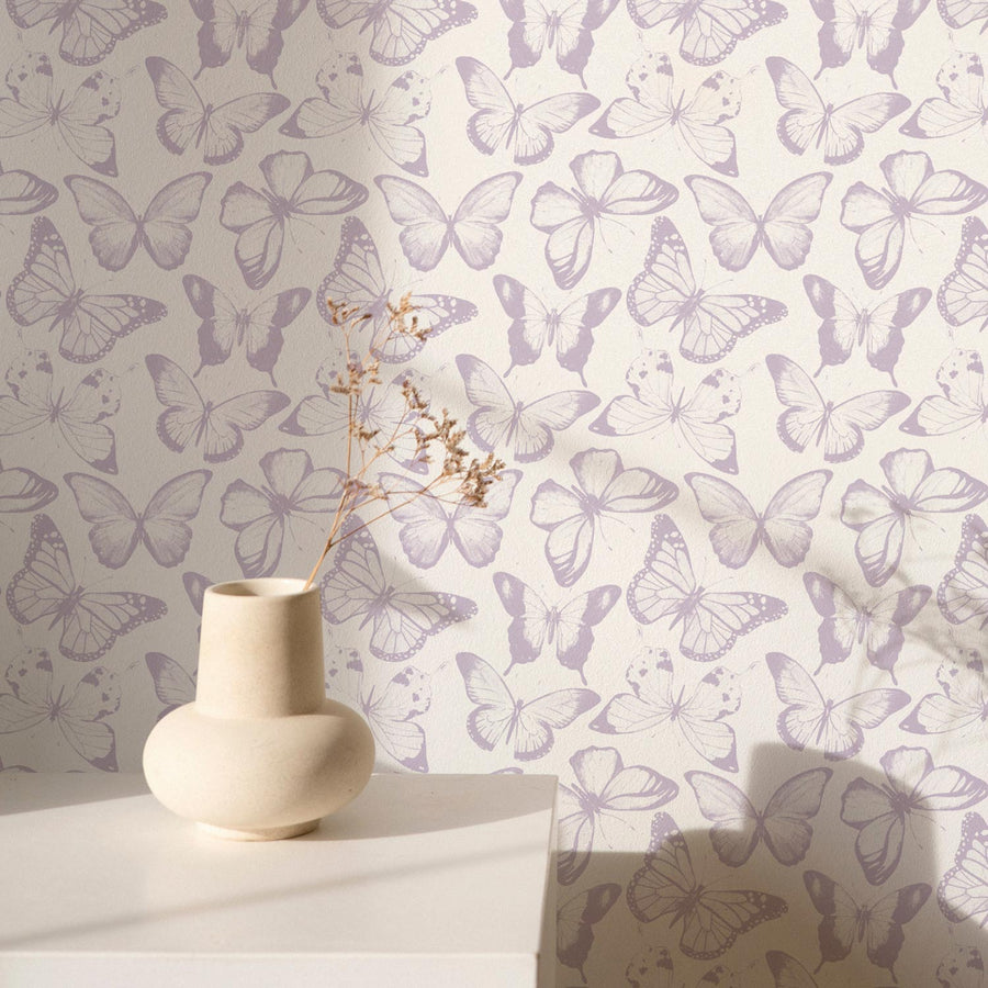 Minimal lavender butterflies removable wallpaper in teen room interior