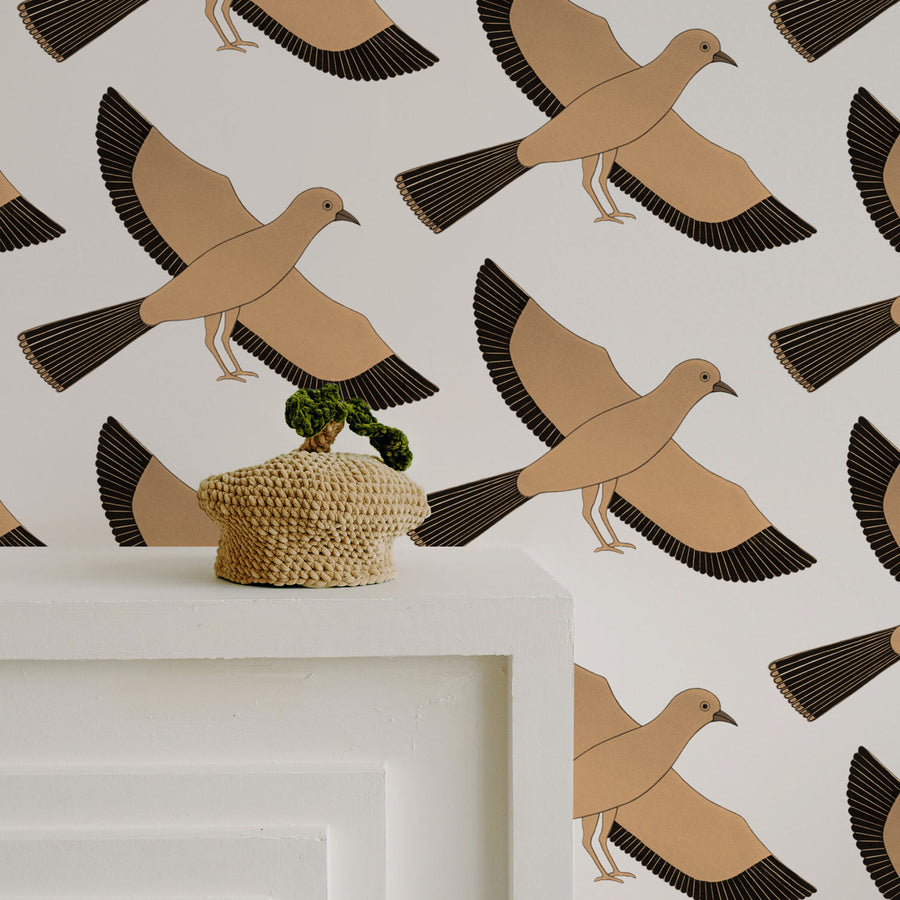 Vintage mid-century modern style wallpaper with birds for nursery interior