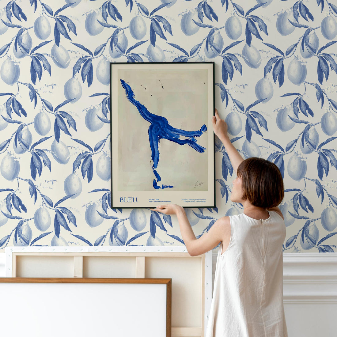 modern blue wallpaper design with lemons