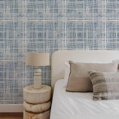 Navy blue plaid wallpaper with woven crosshatch grid pattern