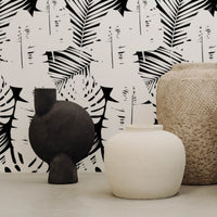 bohemian design black and white removable palm leaf style wallpaper