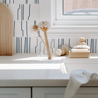 modern kitchen interior with navy simple lines wallpaper