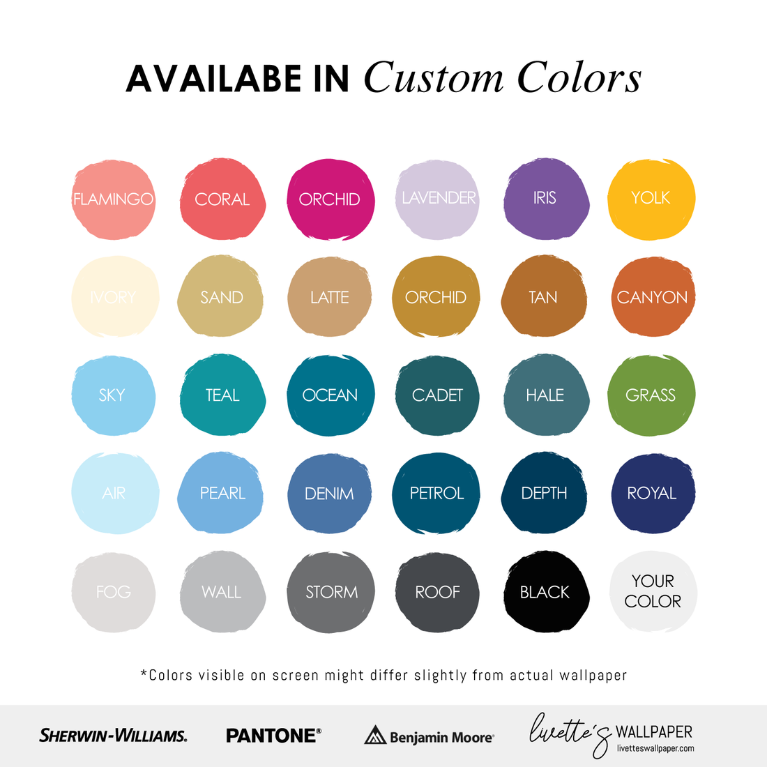 Livette's Wallpaper bright color palette chart with 30 bold, modern shades from pink and coral through to black