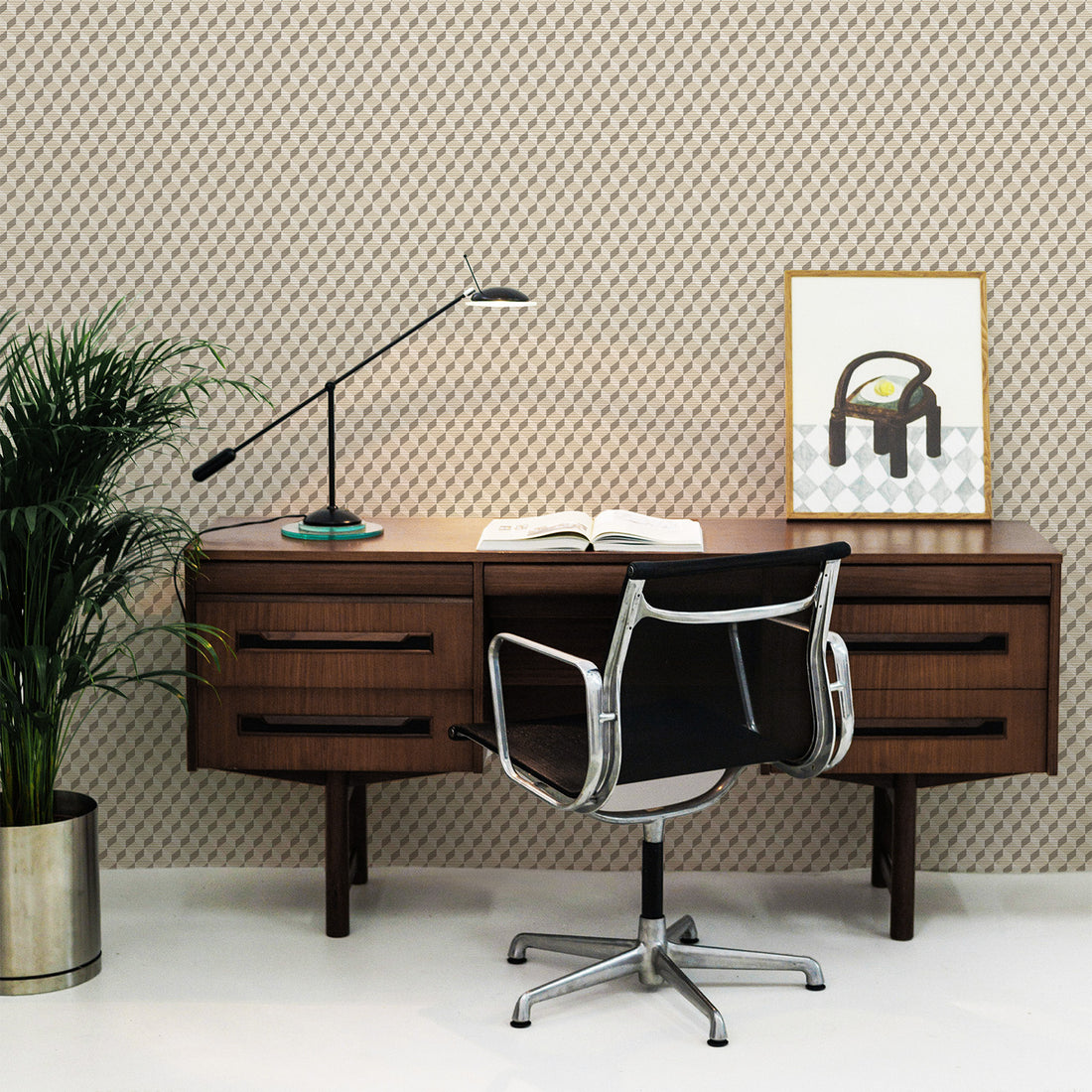 Neutral Cube Design Grasscloth Wallpaper