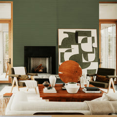 Olive green grasscloth-look wallpaper with subtle woven texture