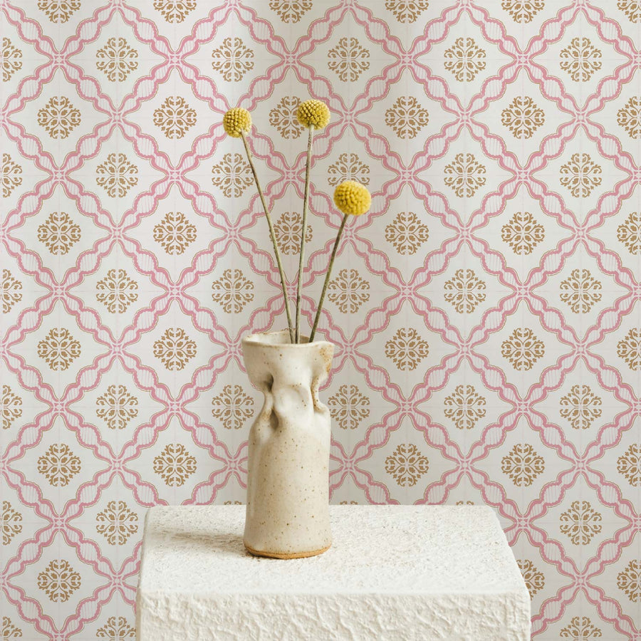 Pink Lisbon Tiles Design Wallpaper