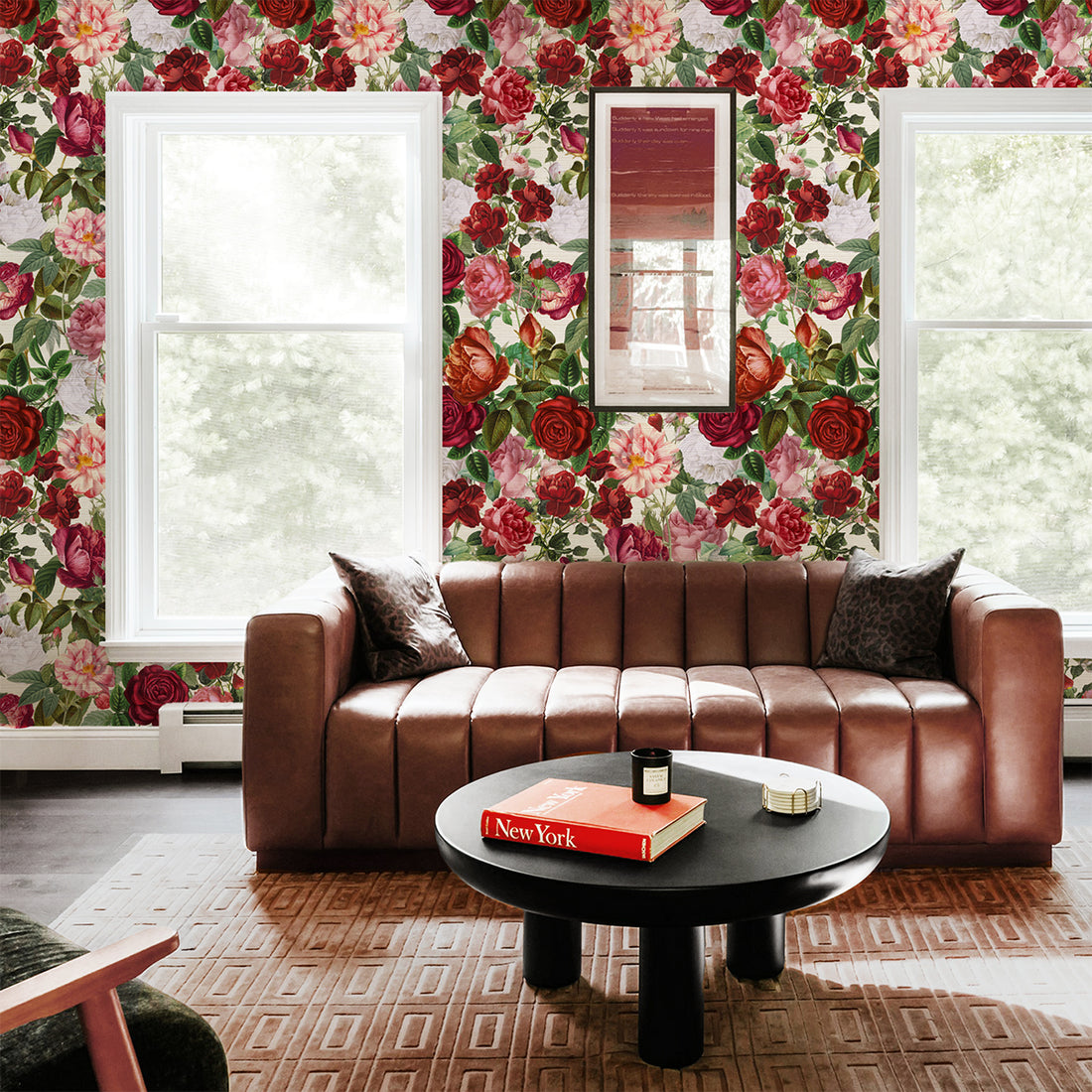 Pink and Red Roses Grasscloth Wallpaper