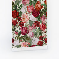 Pink and Red Roses Grasscloth Wallpaper