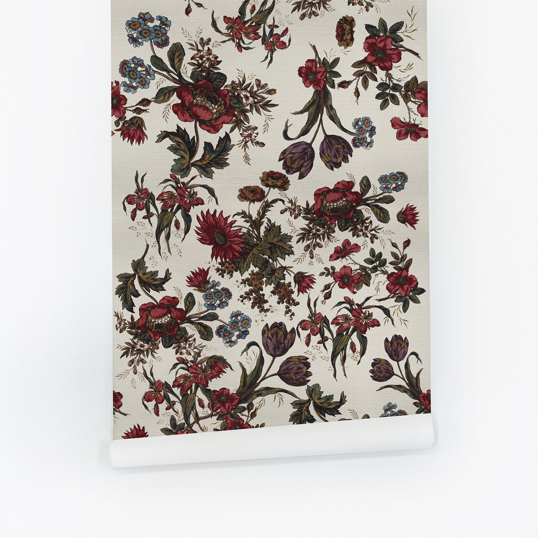 Red Vintage Floral Design Silk Wallpaper
