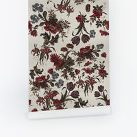 Red Vintage Floral Design Silk Wallpaper