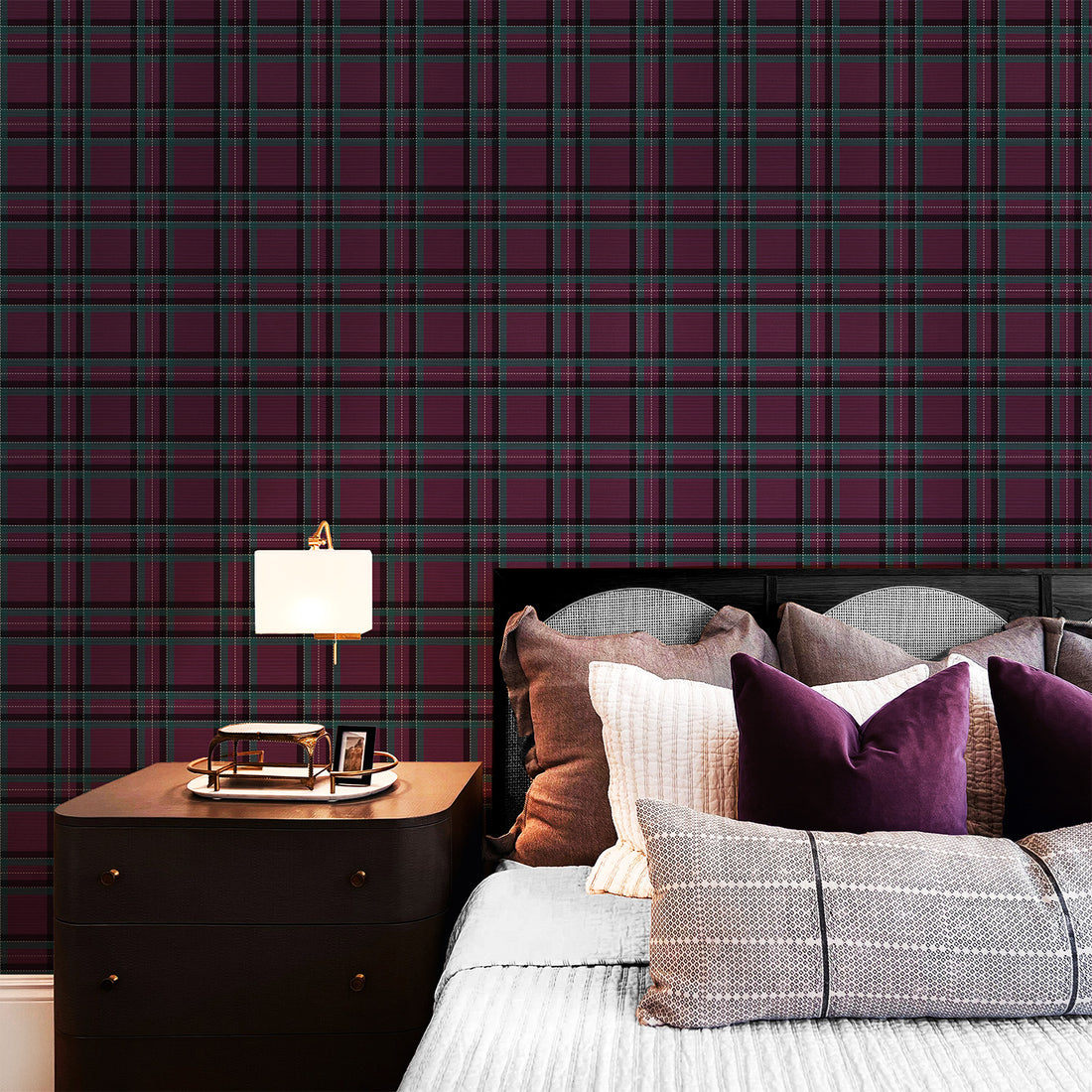 Tartan Inspired Grasscloth Wallpaper In Jewel