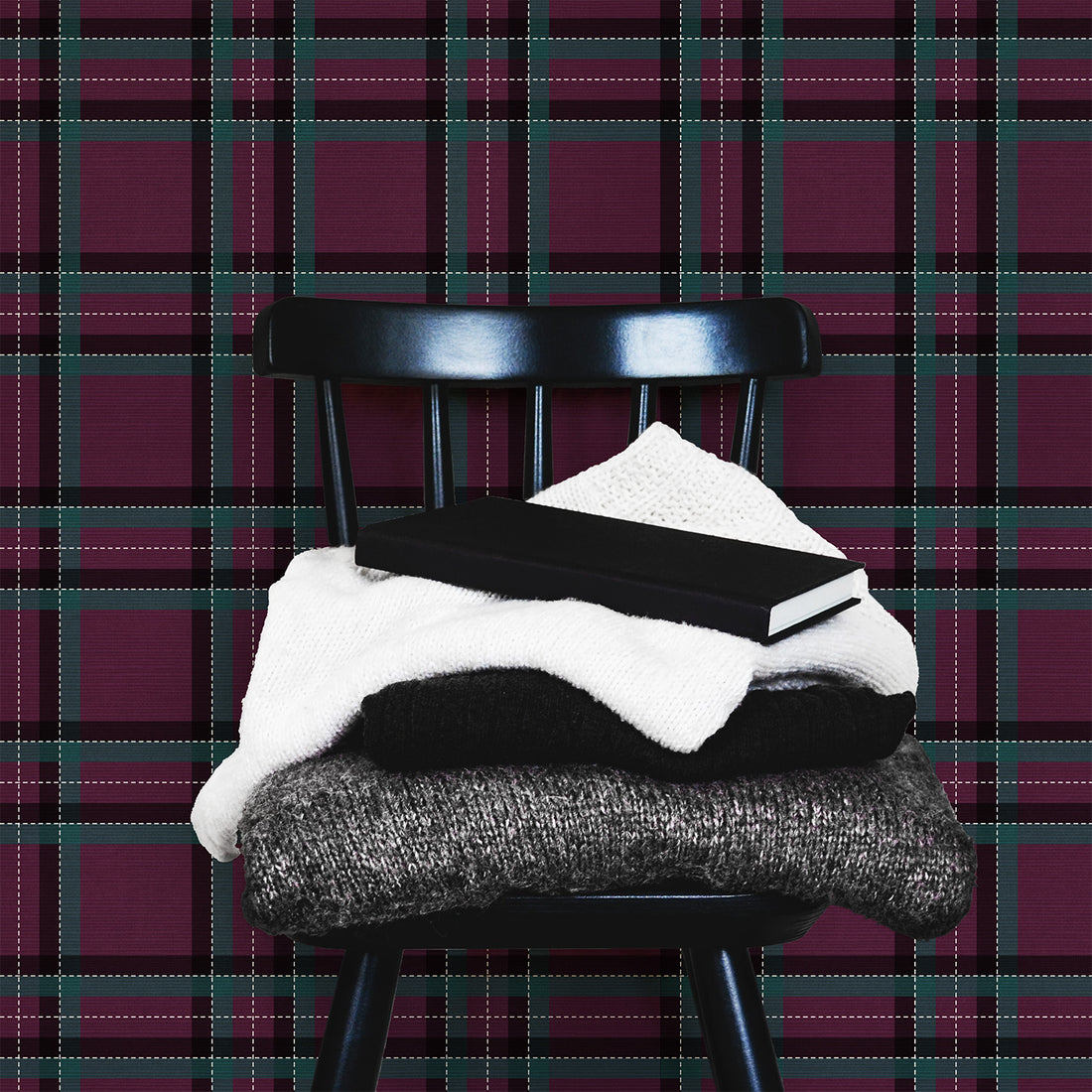 Tartan Inspired Grasscloth Wallpaper In Jewel