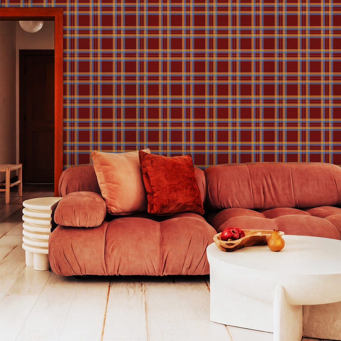 Tartan Inspired Grasscloth Wallpaper in Red