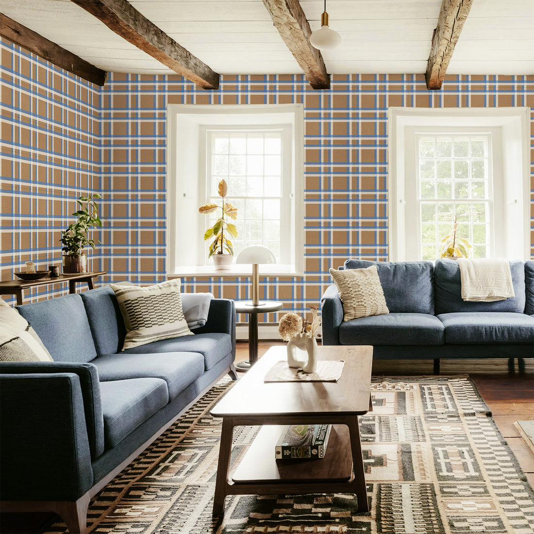 Tartan Inspired Wallpaper in Brown and Blue