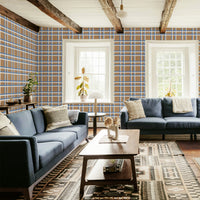 Tartan Inspired Wallpaper in Brown and Blue