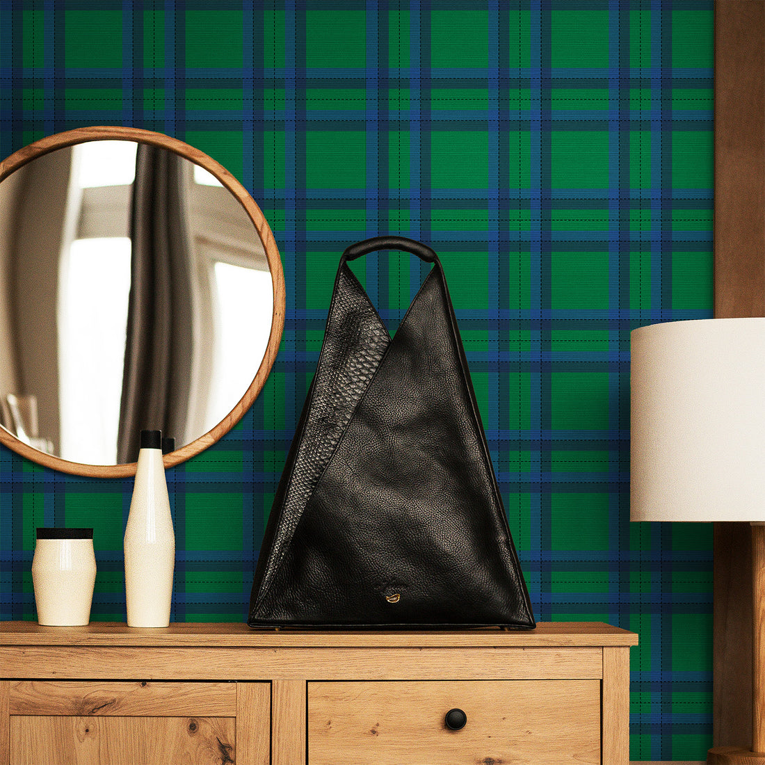 Tartan Inspired Grasscloth Wallpaper in Kelly Green