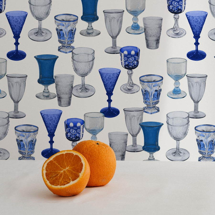 vintage cocktail glass print wallpaper for retro inspired home in blue