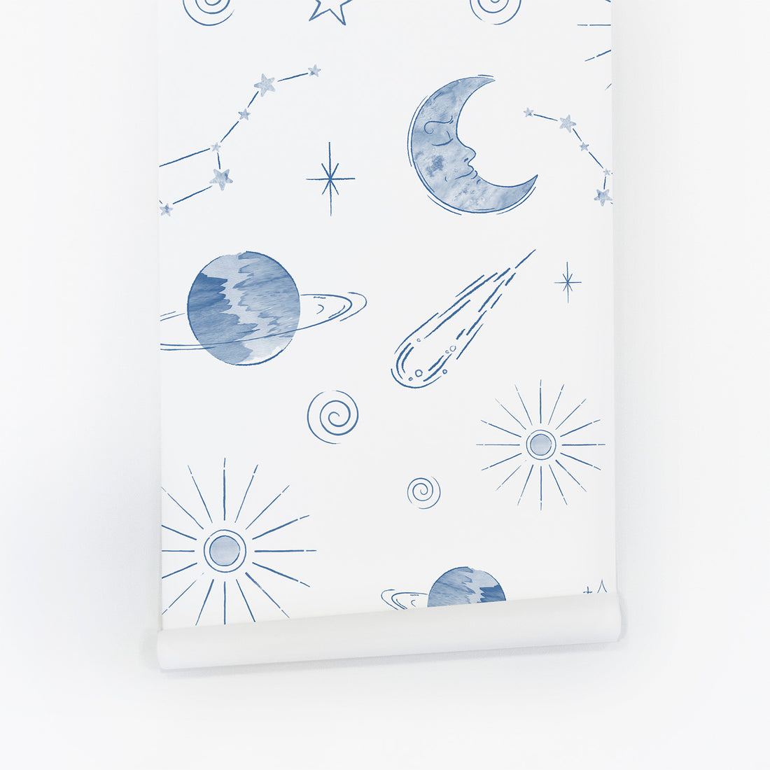 Vintage Space Themed Kids Wallpaper in Blue