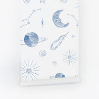 Vintage Space Themed Kids Wallpaper in Blue